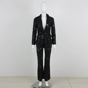 Elegant Lace Blazer and Flared Pants Two-Piece Suit in Slim Fit