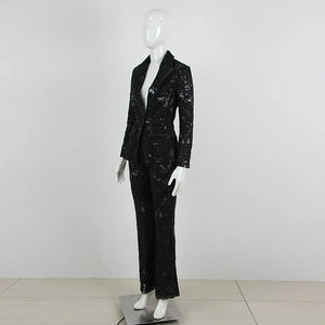 Elegant Lace Blazer and Flared Pants Two-Piece Suit in Slim Fit