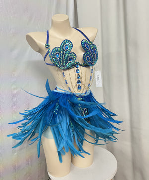 Samba Carnival Handmade Wire Bra And High Waist Bottom With Feather Mini Skirt For Carnival Costumes