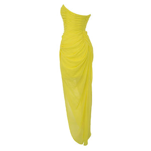 Yellow Strapless Ruched Midi Dress with Asymmetrical Hem