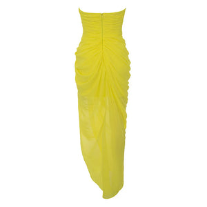 Yellow Strapless Ruched Midi Dress with Asymmetrical Hem