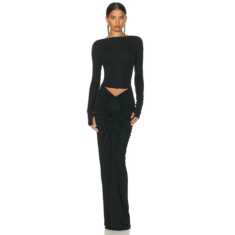 Black Long Sleeve Backless Crop Top with Pleated Maxi Skirt Set