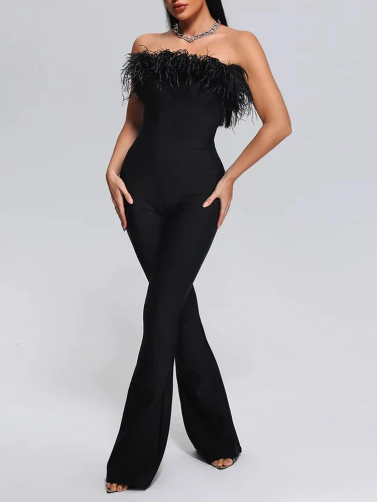 Black Strapless Feather-Trimmed Jumpsuit with Open Back and Wide Leg Design for Women
