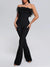 Black Strapless Feather-Trimmed Jumpsuit with Open Back and Wide Leg Design for Women