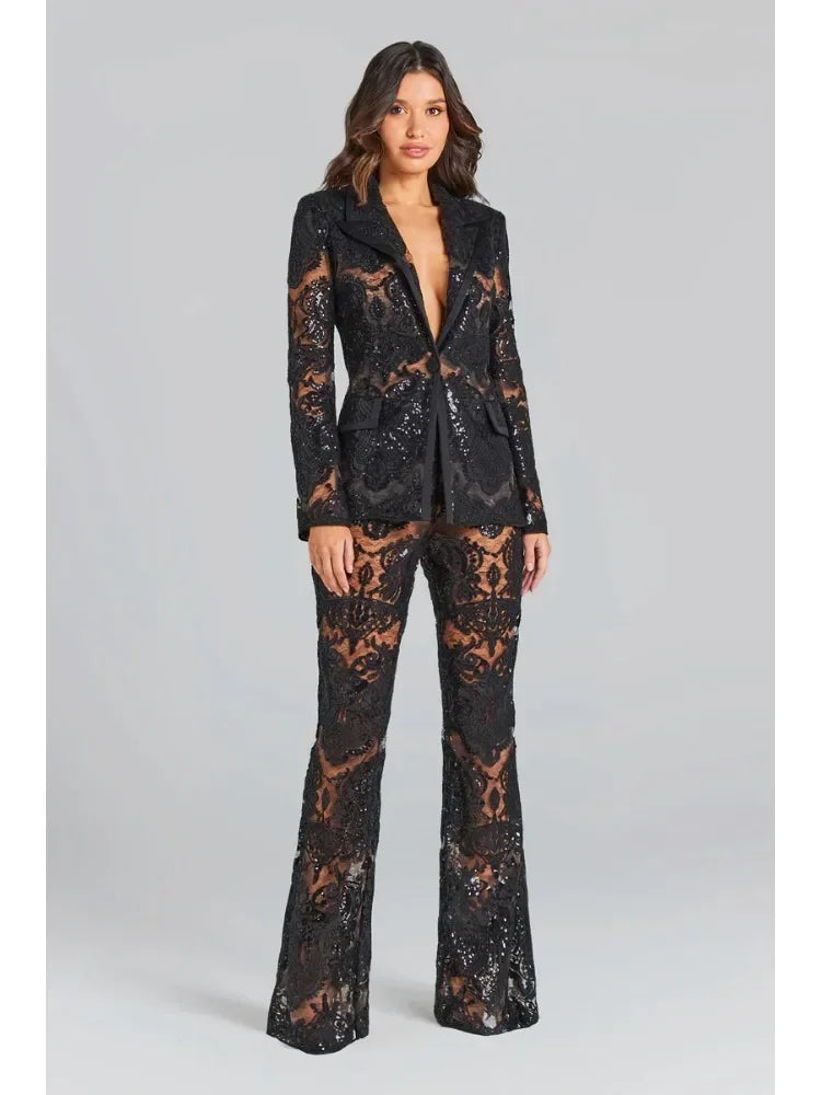 Women's Elegant Black Lace Two-Piece Set with Long Sleeve Jacket and Flared Pants