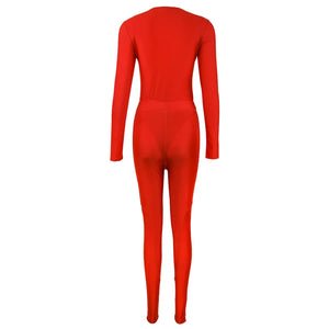High Neck Red Bodysuit and Slim Leggings Set with Body Print for Women