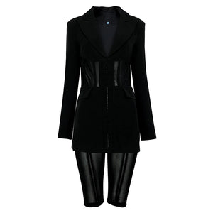 Elegant Black Blazer Suit Set with Sheer Panel Details and Capri Leggings