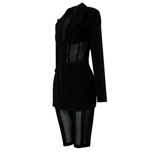 Elegant Black Blazer Suit Set with Sheer Panel Details and Capri Leggings