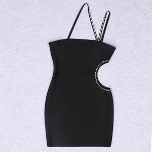 Black Rhinestone Crisscross Strap Mini Party Dress with Hollow Waist Detail