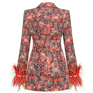 Women's Floral Print V-Neck Mini Dress Blazer with Feather Trim and Belt