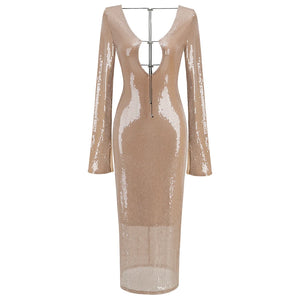 Champagne Sequin Midi Dress with Plunge V-Neck, Sheer Long Sleeves, and Backless Design
