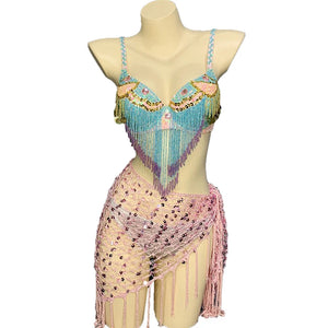 Belly Dance Costume Set Women's Light Blue & Pink Sequin Beaded Fringe Bra Top with Pink Sequin Mesh Hip Scarf