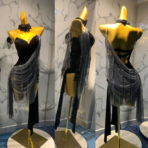 Latin Dance Dress Women Black Rhinestone Fringe Velvet Backless Asymmetrical Mini Rumba Samba Cha Cha