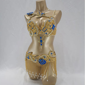 Belly Dance Costume Women Gold Sequin Embroidered Red Gemstone Bra and Belt Set with Beaded Fringe