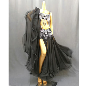 Belly Dance Costume Women Purple Beaded Bra & Slit Skirt Set Chiffon Tribal Dancewear