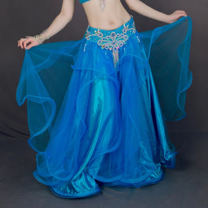 Women's White Organza Layered Ruffle Belly Dance Skirt with Embellished Waistband