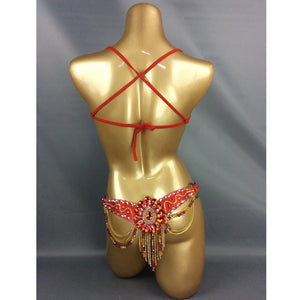 Belly Dance Costume, Women's Red & Gold Beaded Crystal Bra & Belt Set, Latin & Samba Dancewear