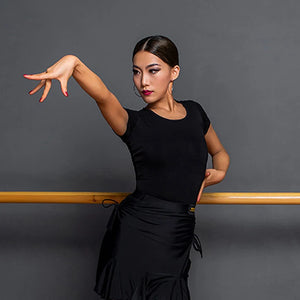 Women's Black Long Sleeve Round Neck Dance Top with Drawstring Skirt