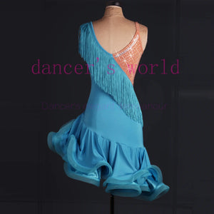 Women's Hot Pink Latin Dance Dress with Fringe, Rhinestones, and Ruffled Skirt