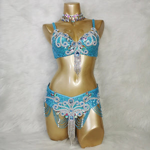 Belly Dance Costume Women's White Sequin & Rhinestone Choker Bra Belt Set with Beaded Fringe