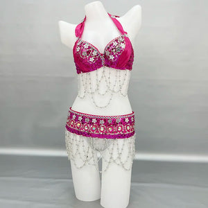 Belly Dance Costume Women's Gold Sequin Beaded Halter Bra and Hip Scarf Set with Chain Fringe