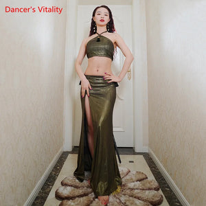 Belly Dance Costume Women Gold Halter Crop Top and High Slit Maxi Skirt Set, Shiny Metallic Fabric, Tassels Detail