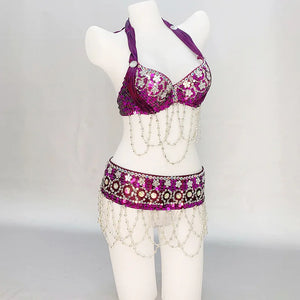 Belly Dance Costume Women's Gold Sequin Beaded Halter Bra and Hip Scarf Set with Chain Fringe