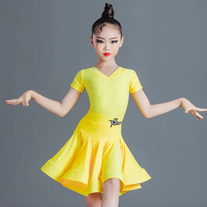 Girls Latin Dance Dress, Yellow, Blue, Red, Purple V-Neck Short Sleeve Ruffled Skirt, Performance Ballroom Dancewear