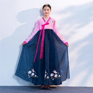 Women's Pink Hanbok Dress with Embroidered Flowers and Birds