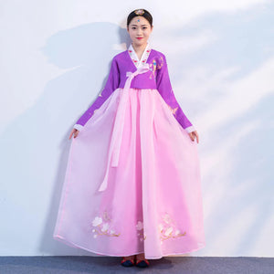 Women's Pink Hanbok Dress with Embroidered Flowers and Birds
