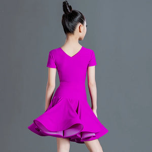 Girls Latin Dance Dress, Yellow, Blue, Red, Purple V-Neck Short Sleeve Ruffled Skirt, Performance Ballroom Dancewear