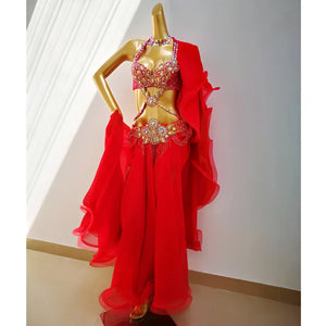 Belly Dance Costume Women's Red Beaded Halter Top & Skirt Set with Shawl