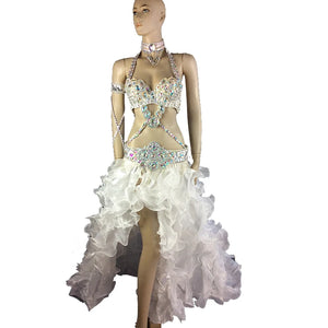 Women's White Sequin & Rhinestone Embellished Halter Neck Belly Dance Costume with Ruffled High-Low Skirt