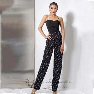 Women's Black Long Sleeve Cutout Crop Top & Black Logo Print High-Waisted Dance Pants Set, Stretch Fabric