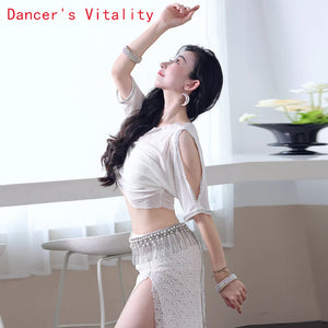 Belly Dance Costume Women's White Chiffon Crop Top and High Slit Skirt Set with Beaded Hip Scarf for Performance