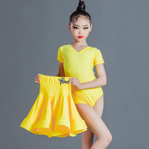 Girls Latin Dance Dress, Yellow, Blue, Red, Purple V-Neck Short Sleeve Ruffled Skirt, Performance Ballroom Dancewear