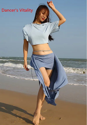 Women's Pink Crop Top and Ruched Slit Skirt Set with Rhinestone Waist Chain for Belly Dance