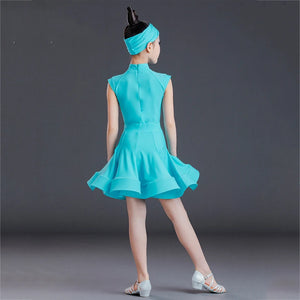 Girls' Aqua Latin Dance Dress with Headband, Short Sleeve, Ballroom Rumba Cha Cha Samba