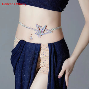 Belly Dance Costume Women's Navy Blue Sparkle Off-Shoulder Top and Skirt Set with Rhinestone Heart Belt
