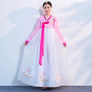 Women's Pink Hanbok Dress with Embroidered Flowers and Birds