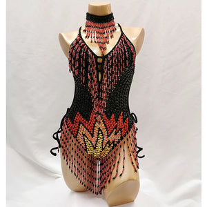 Bodysuit, Women's, Black/Red/Gold, Sequin Beaded Fringe, Latin Dance