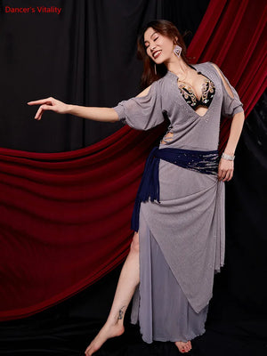 Belly Dance Dress Women's White Long Sleeve Sequin Sash Slit Skirt Set