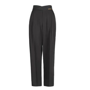 Women's Black Long Sleeve Cutout Crop Top & Black Logo Print High-Waisted Dance Pants Set, Stretch Fabric