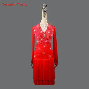 Women's Red Rhinestone Long Sleeve Fringe Latin Dance Dress