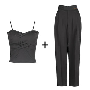 Women's Black Long Sleeve Cutout Crop Top & Black Logo Print High-Waisted Dance Pants Set, Stretch Fabric