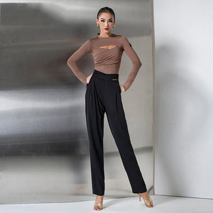 Women's Black Long Sleeve Cutout Crop Top & Black Logo Print High-Waisted Dance Pants Set, Stretch Fabric