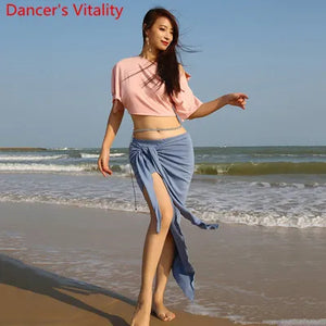 Women's Pink Crop Top and Ruched Slit Skirt Set with Rhinestone Waist Chain for Belly Dance