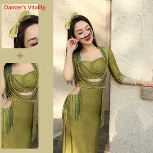 Belly Dance Costume, Women's Olive Green Sequin Embellished Slit Maxi Dress, Satin, Professional Performance Wear