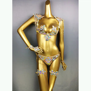 Rhinestone Carnival Bikini Set, Women's Gold Sparkle Crystal Embellished Bra and Bottoms with Shoulder Pads and Leg Bands, Samba Dance Costume