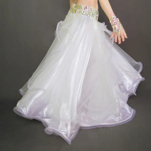 Women's White Organza Layered Ruffle Belly Dance Skirt with Embellished Waistband